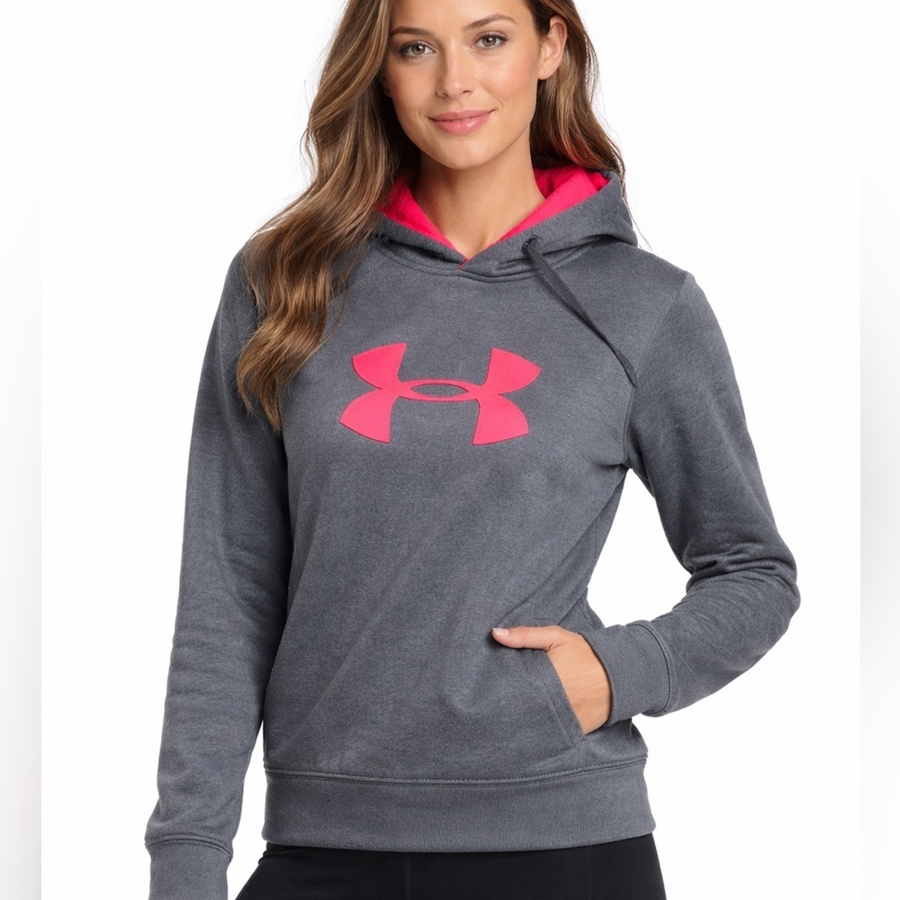 Under Armour pullover hoodie semi fitted woman Sz Medium gray neon pink